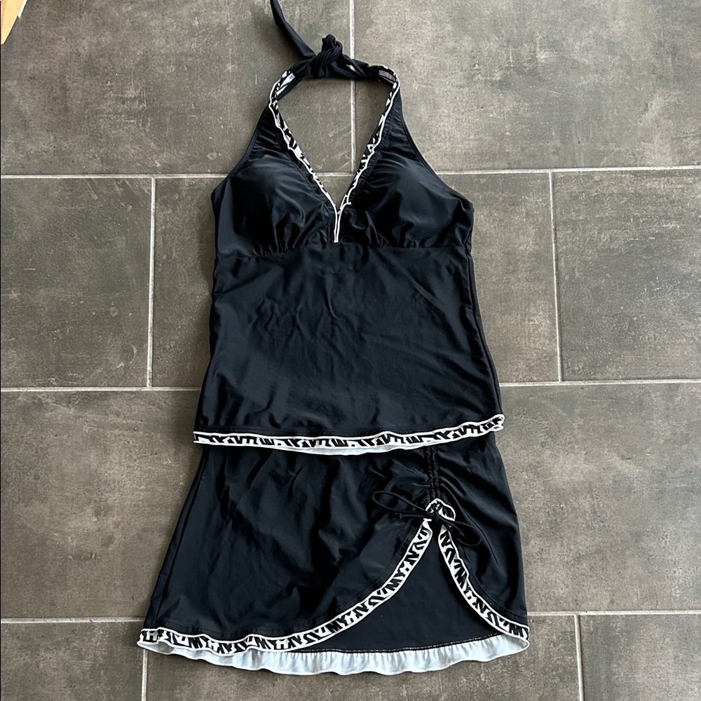 Black Halter Tankini with Skirt - Contrast Trim